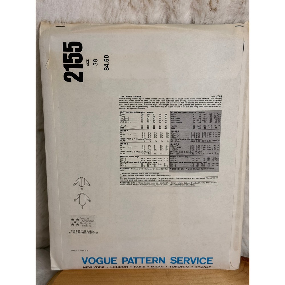 Vintage Vogue 2155 Bill Blass Mens Shirt & Shorts Sewing Pattern Sz 38 70s UNCUT - Picture 2 of 3